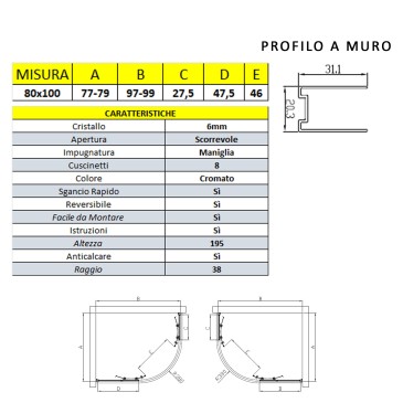 Paroi de douche semi-circulaire 70x90 hauteur 195cm