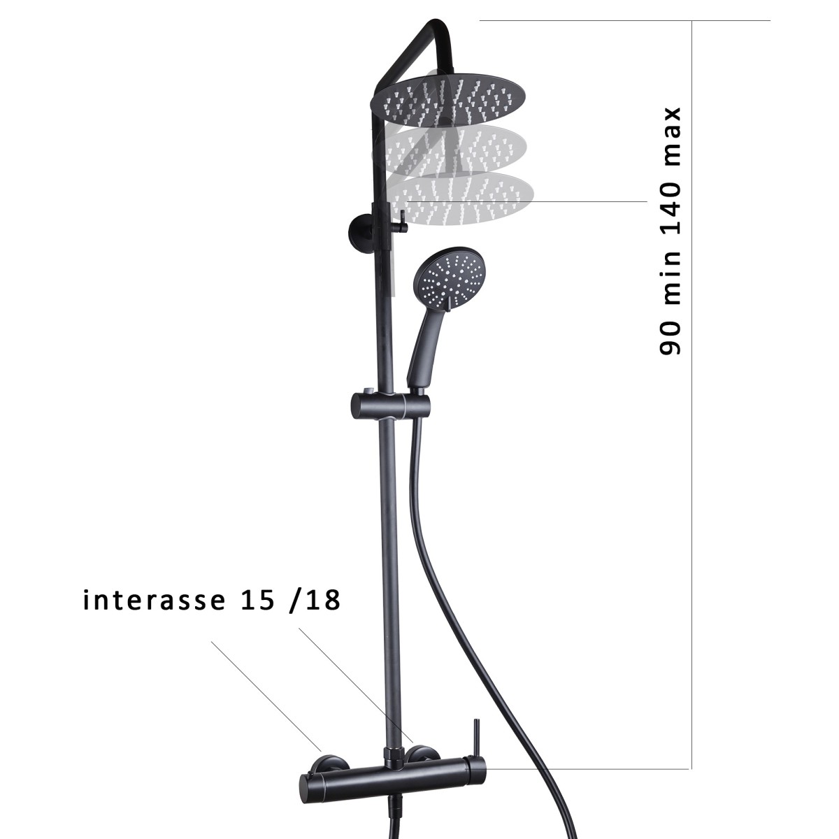 Schwarze Duschsäule mit schwarzem Duschkopf und Multifunktionshandbrause