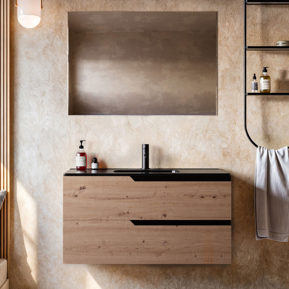 Mobile bagno 100cm Sospeso ROVERE CARTAGENA Lavabo nero Opaco - JAGUAR