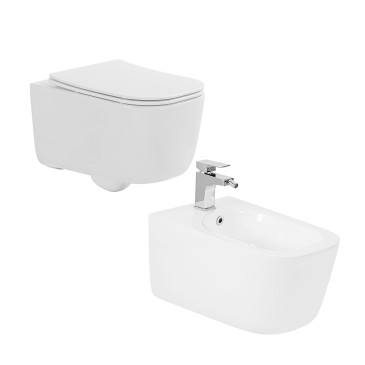 Wandhängende Sanitärkeramik, Toilette und Bidet mit BUBBLE-Soft-Close-Sitz