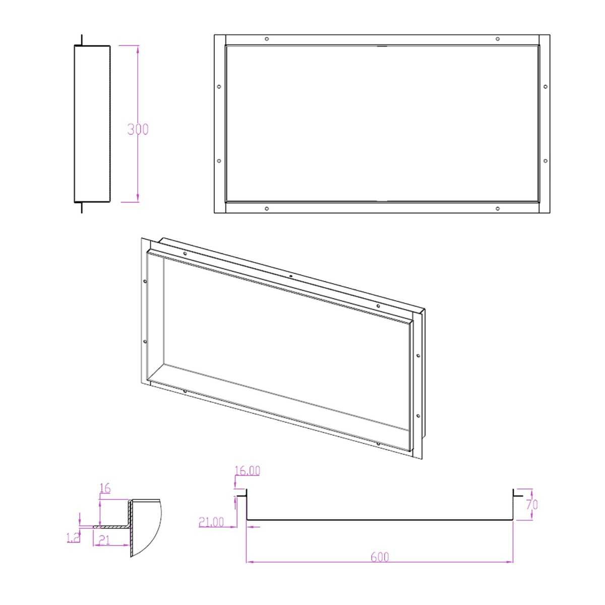 Nicchia da parete 60x30 a filo muro Acciaio Spazzolato Profondità 8cm