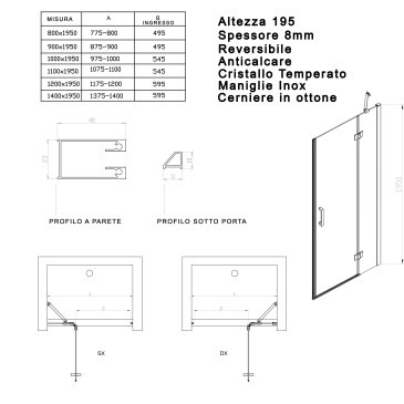 Porta doccia anta battente trasparente H195 anticalcare REGINA