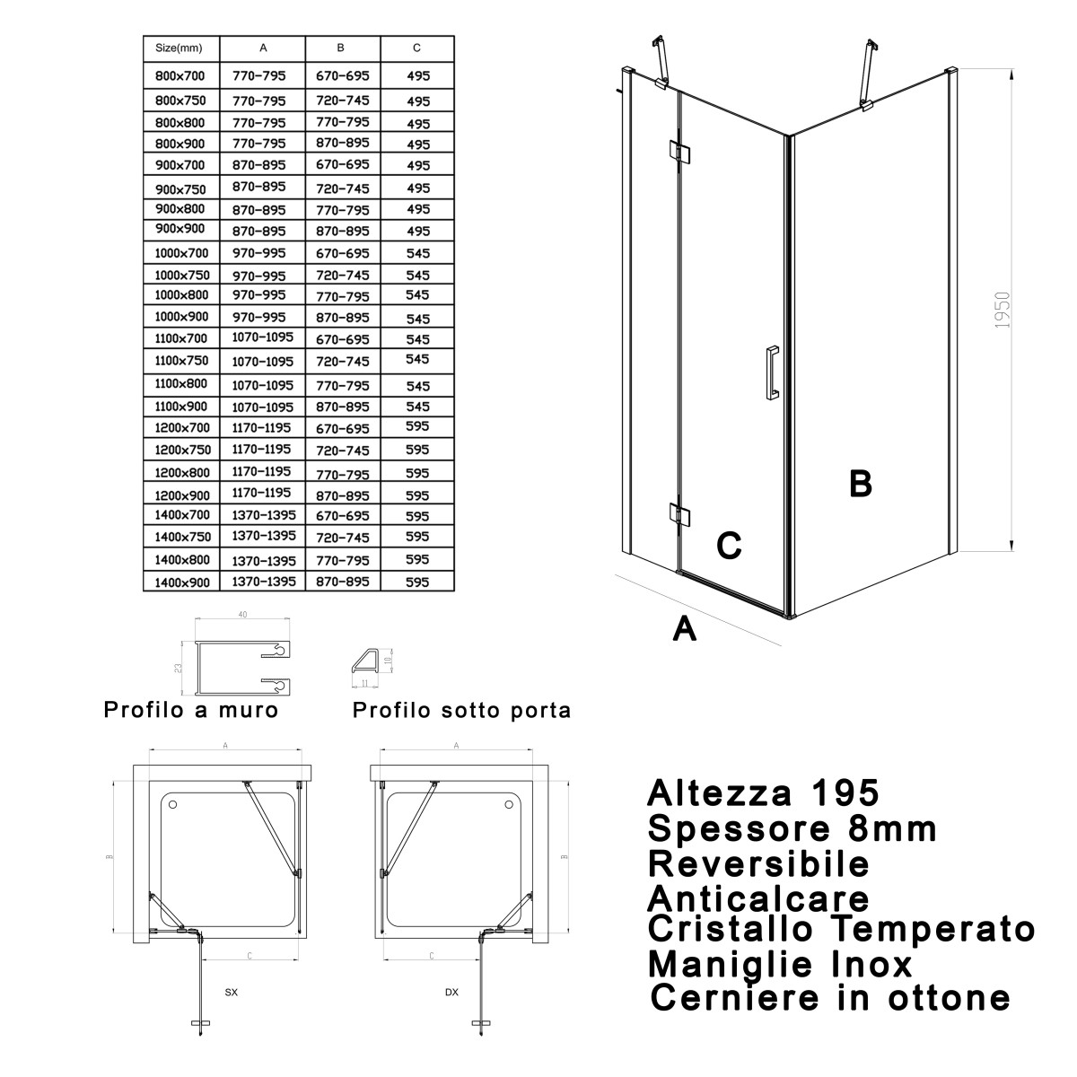 Box doccia 2 lati fissi anta battente H195 REGINA