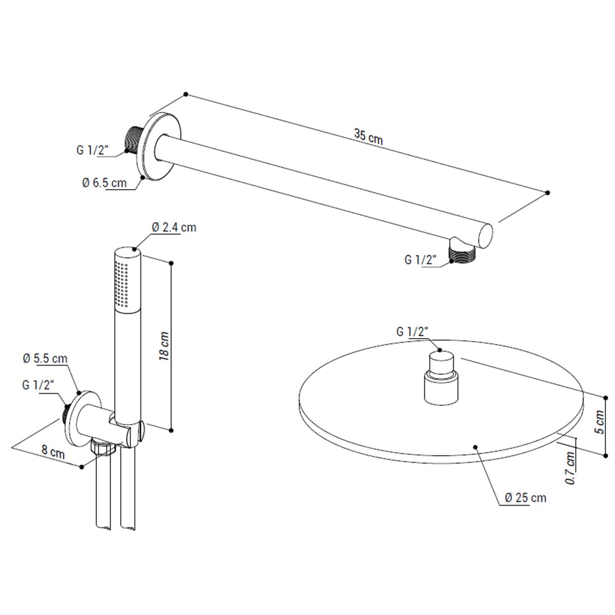 copy of Kit doccia 5PZ Soffione 25x25 Presa Acqua Braccio Doccia Flex e Doccetta