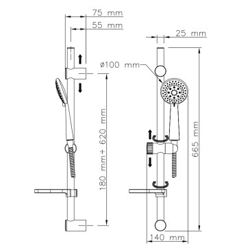 Coulisse de douche avec douchette 5 jets en inox chromé CAPRI