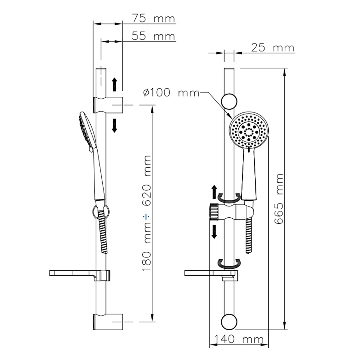 Saliscendi Docia con Doccetta 5 Getti in Acciaio Inox Cromato CAPRI