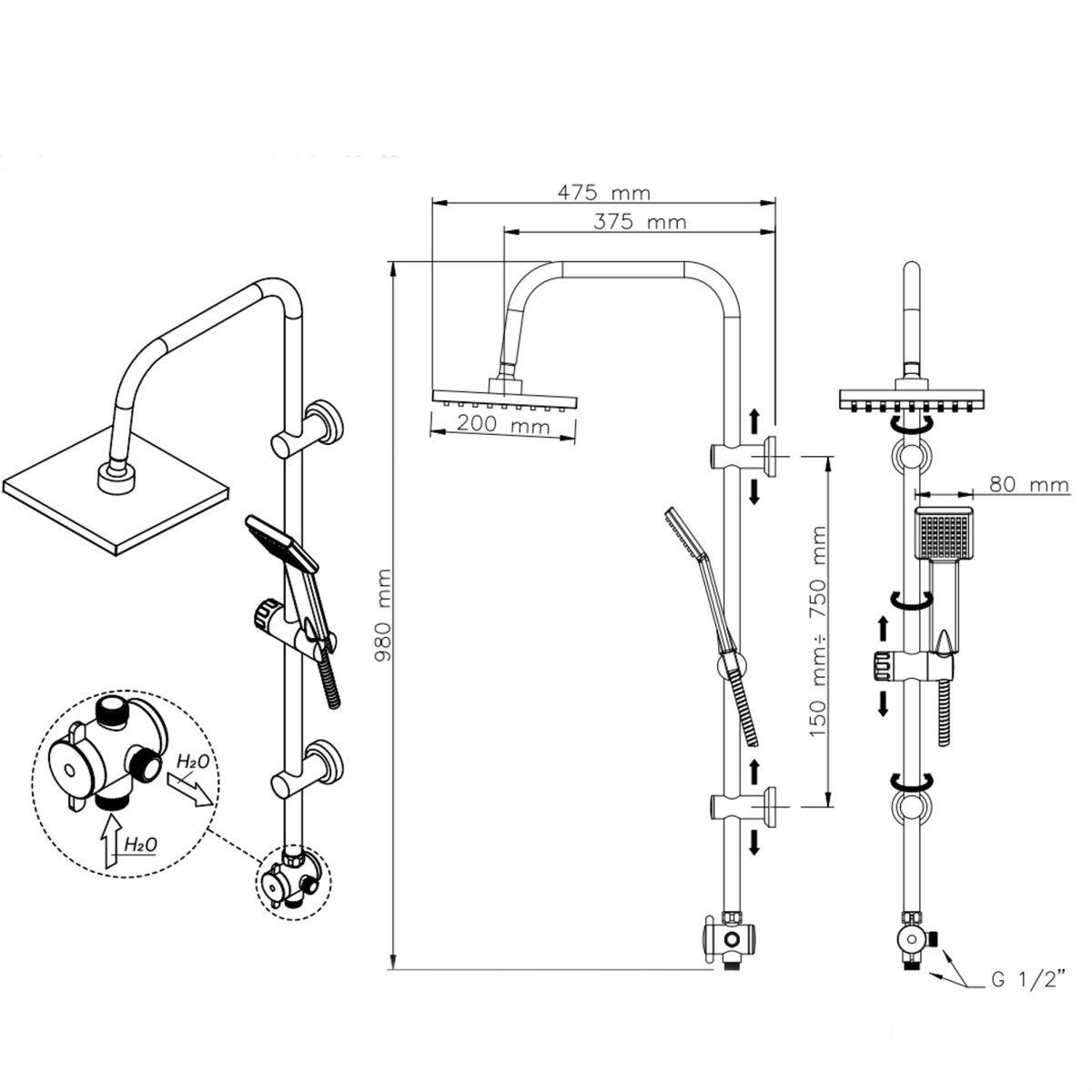 Asta saliscendi doccia con soffione 20x20 cm e doccetta acciaio e ABS