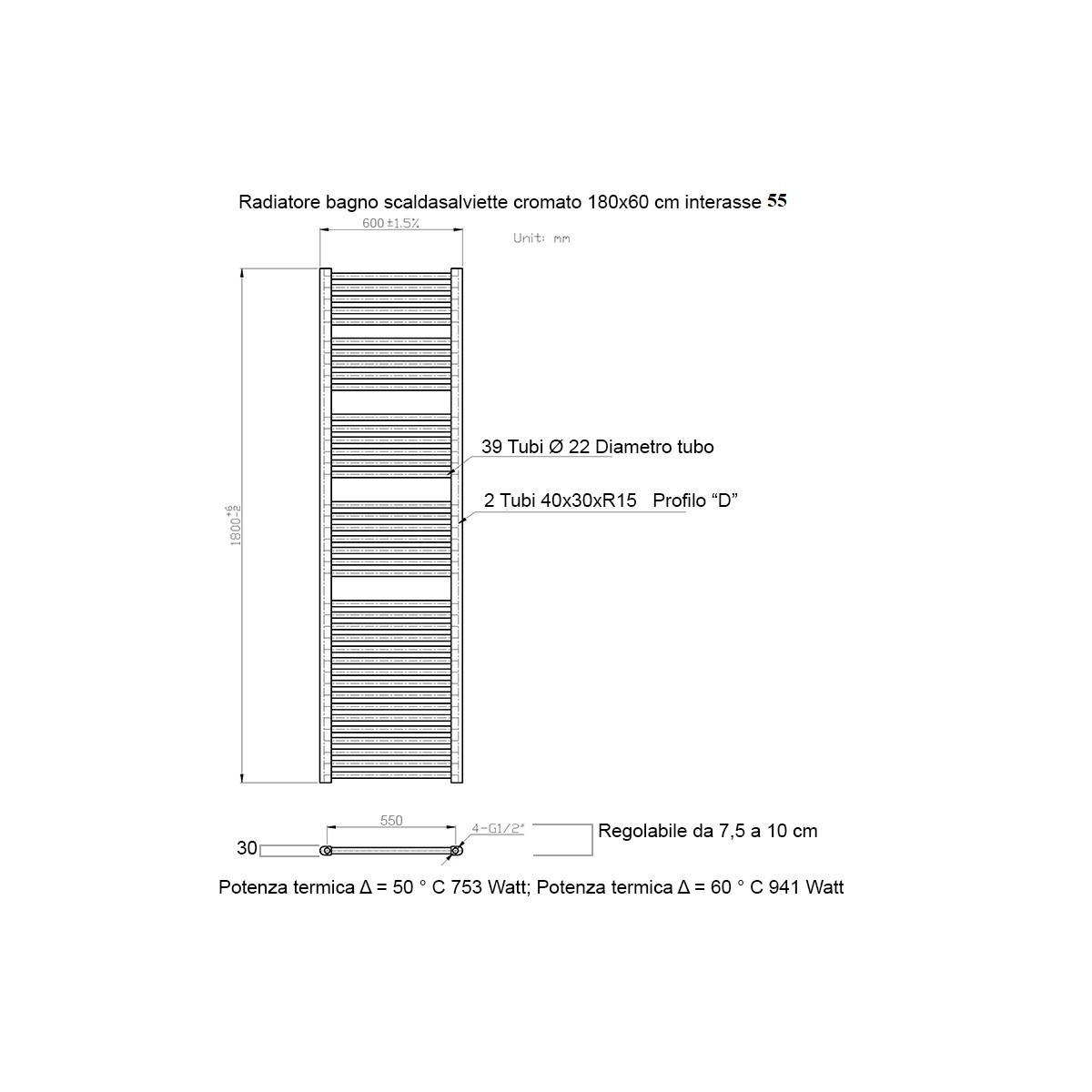 Scaldasalviette termoarredo 180x60 cromato interasse 55 cm IDRAULICO