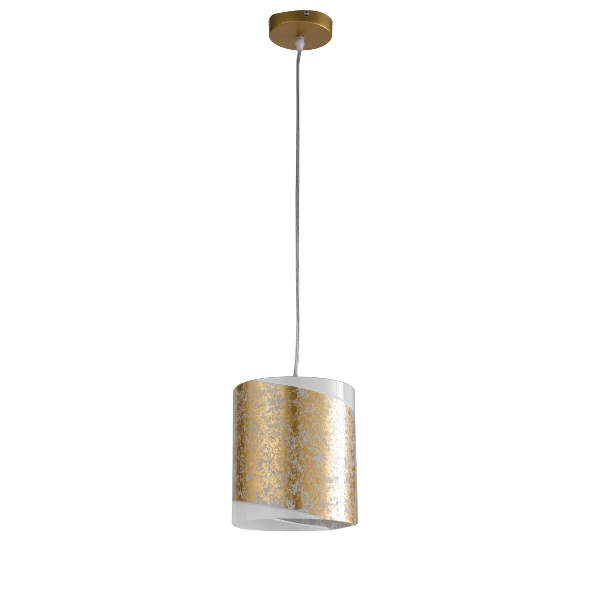 Lustre suspendu avec diffuseur cylindrique en verre blanc avec décoration en bande dorée