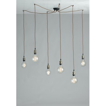 I-GROOVE-S6 - Lampadario 6 Sospensione Cavo in Tessuto Alluminio Rustico Vintage E27