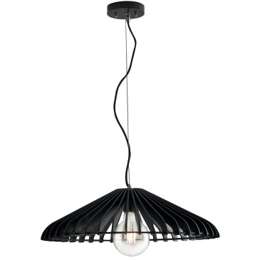 I-CALDER-S50 NERO - Sospensione Legno Nero paralume Minimal Lampadario Rustico E27