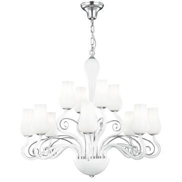 I-ANGEL/12 - Lampadario Vetro Soffiatto Bianco Trasperente Decoro Cromato Classico E14