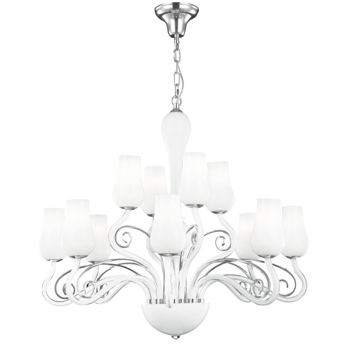 I-ANGEL/12 - Lampadario Vetro Soffiatto Bianco Trasperente Decoro Cromato Classico E14