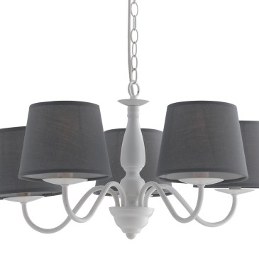 Lustre 5 lumières avec abat-jour en tissu gris et structure en métal blanc Ligne Favola