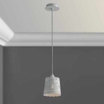 I-CLUNY-S14 - Sospensione Bianco Opaco paralume Forato Pizzo Lampadario Moderno E14