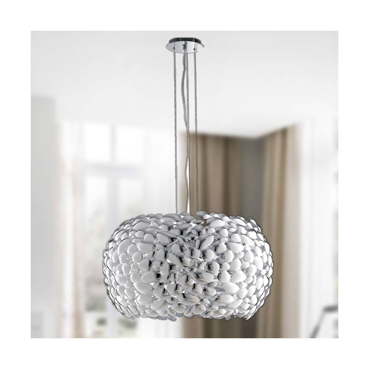 Lampada a sospensione 60W 5XE27 diametro 65cm cromo GRAPE. Moderno punto luce con struttura in metallo a forma di sassi