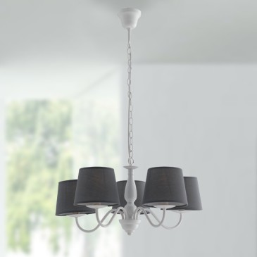 I-FAVOLA/5 - Lampadario a Sospensione Metallo Bianco paralumi Tessuto Grigio Classico E14