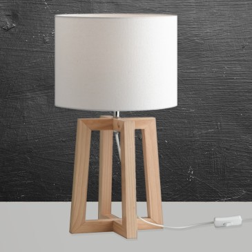 Lampe Berry avec cadre en bois naturel et abat-jour en tissu blanc avec bouton d'alimentation