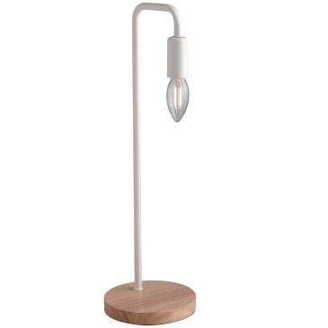 I-SUSHI-L BCO - Lampada da Tavolo Minimal Metallo Bianco Base Legno Naturale Moderna Scrivania E14