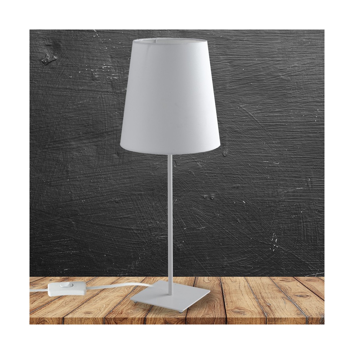 Lampe Elvis blanche avec base en métal et abat-jour en tissu