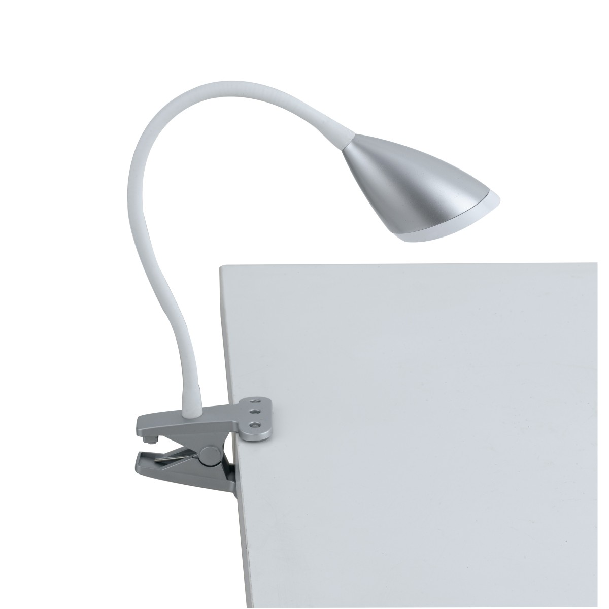 LEDT-HEGEL-SILVER - Lume con Pinza Silicone Flessibile paralume Metallo Argento Lampada Led 3,2 watt Luce Naturale