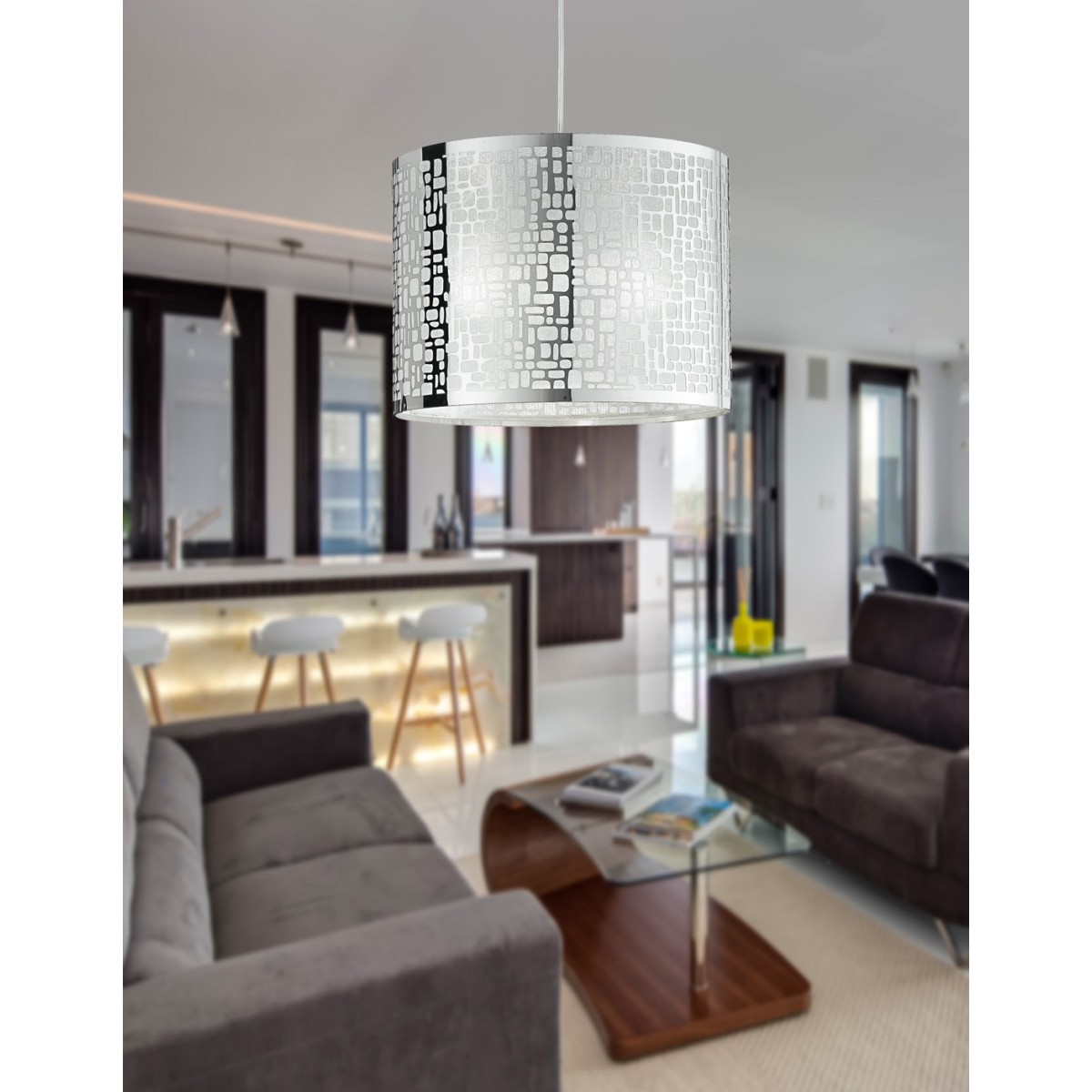 Lampadario Maya Paralume Circolare 35 cm in Acciaio Decorato da Quadrati intagliati a Laser FanEurope