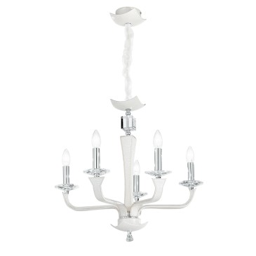 I-DESDEMONA/5 - Lampadario Bianco Ecopelle Cristallo K9 Finiture Cromate Moderno E14