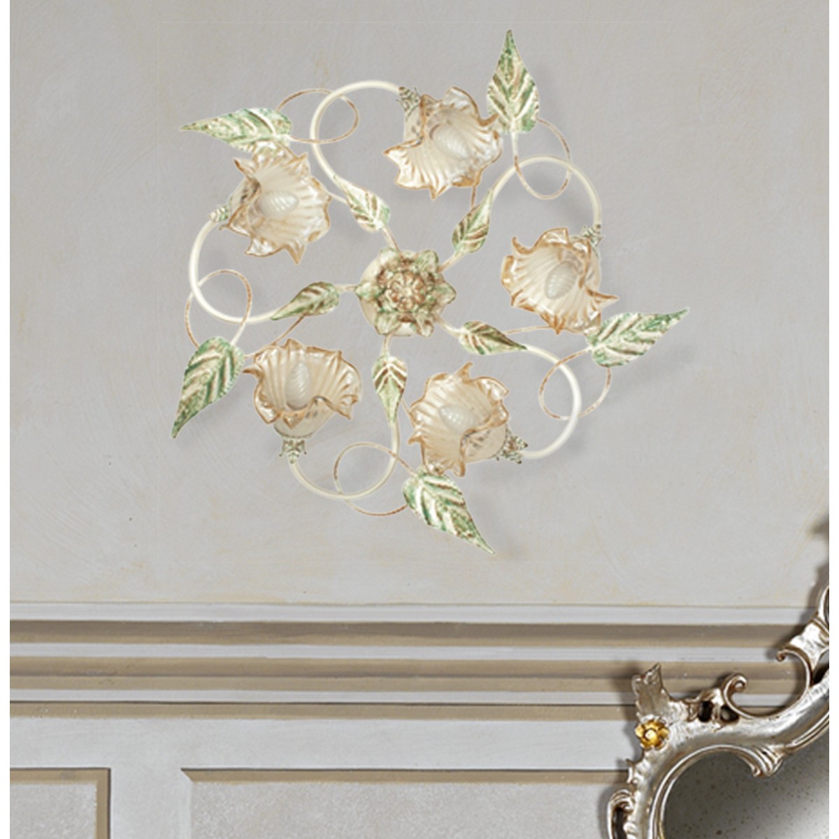 I-PRIMAVERA/PL5 - Plafoniera Metallo diffusori Vetro Decoro a Mano Floreale Lampada Classica E14