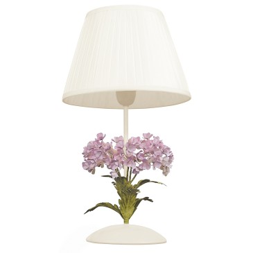 I-ORTENSIA/LG1 - Lampada da Tavolo Fiori Metallo Bianco paralumi Tessuto Classica E27