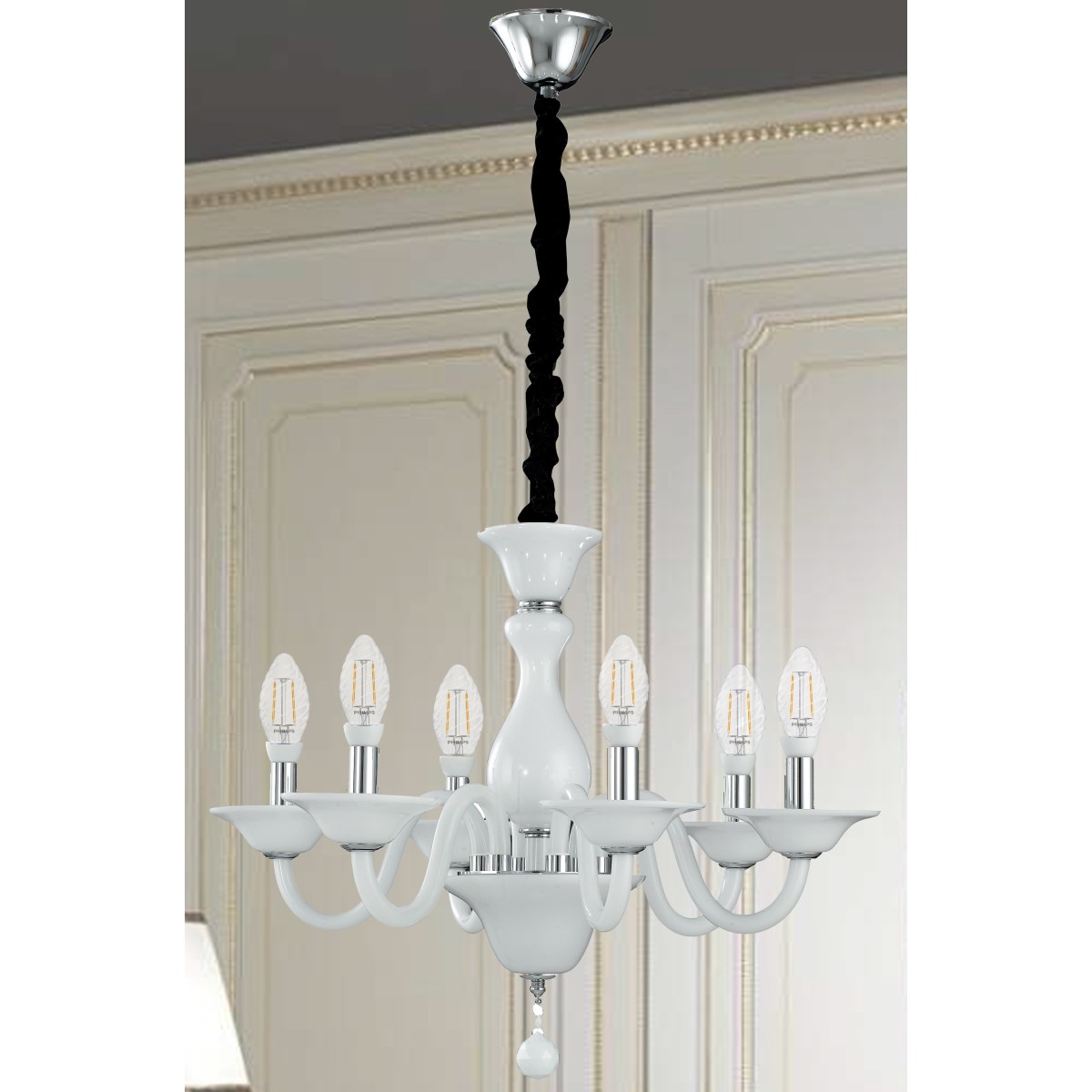 Lampadario Soffio 6 luci in Vetro Bianco con Finiture Cromo FanEurope