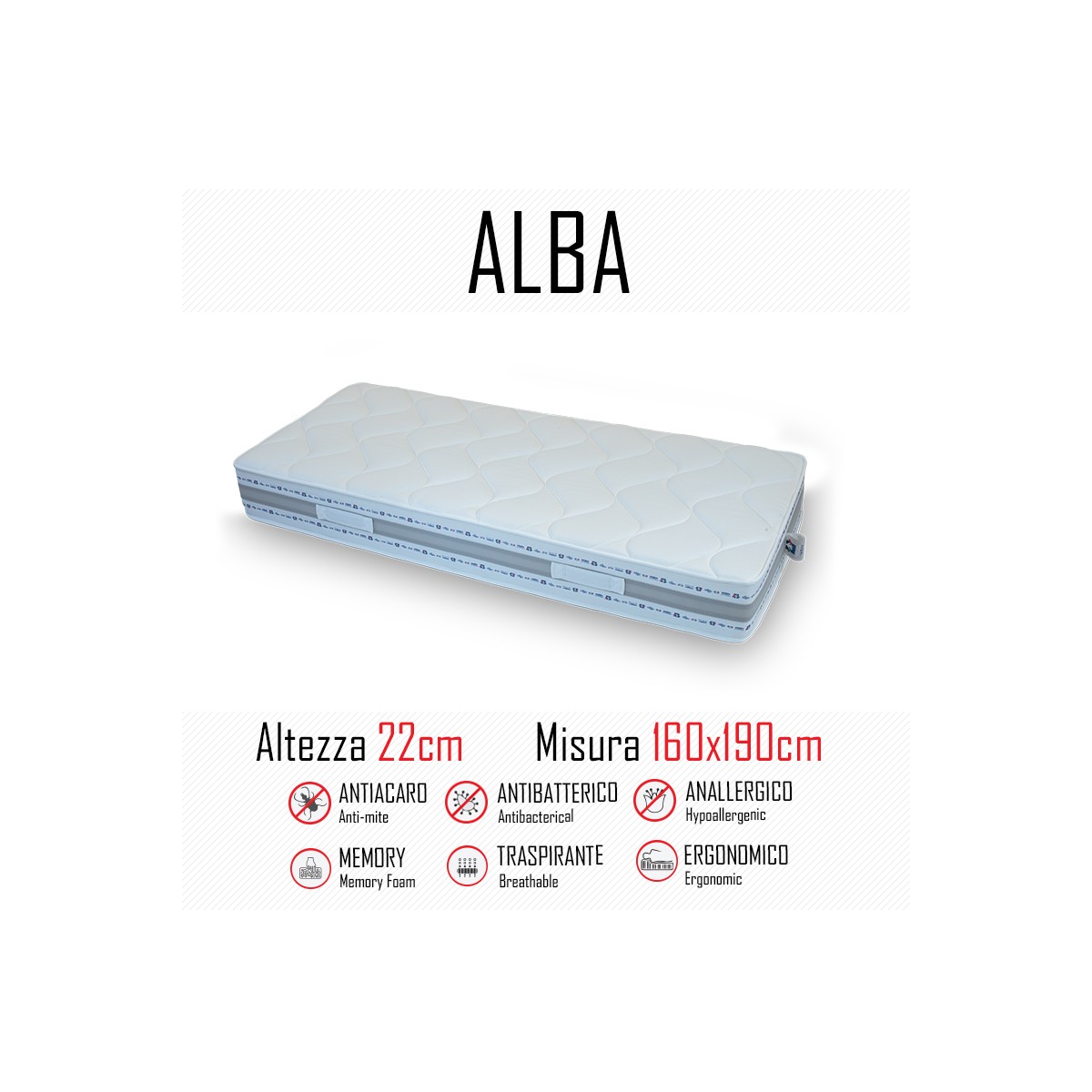 Alba-Matratze 160x190 aus Gummi und Memory, 22 cm hoch