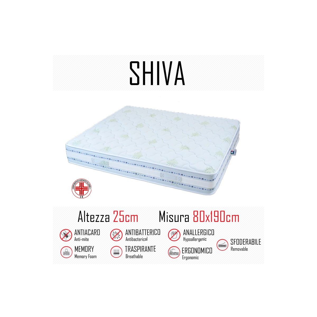 Shiva9 Zone 80x190 Matratze aus Gummi und Memory, 25 cm hoch