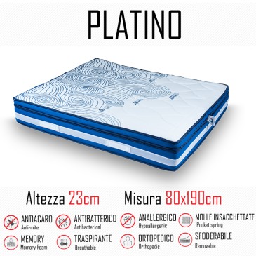 Matelas Platino 80x190 avec ressorts indépendants et gel mémoire 23cm de haut