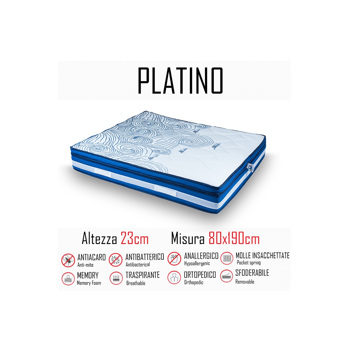 Matelas Platino 80x190 avec ressorts indépendants et gel mémoire 23cm de haut