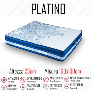 Materasso Platino 160x190 a molle indipendenti e memory gel alto 23cm