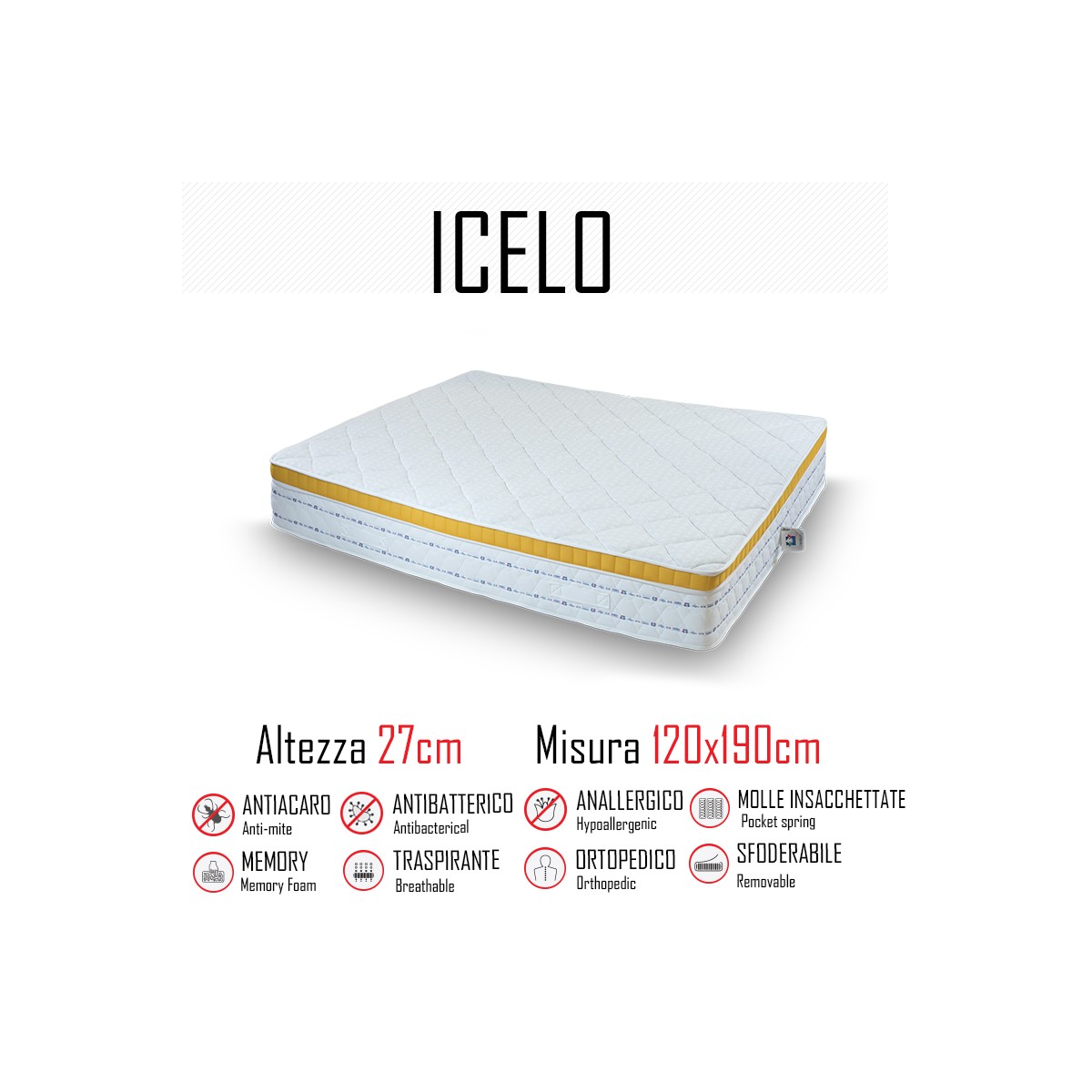 Materasso Icelo 120x190 a molle indipendenti e memory alto 27cm