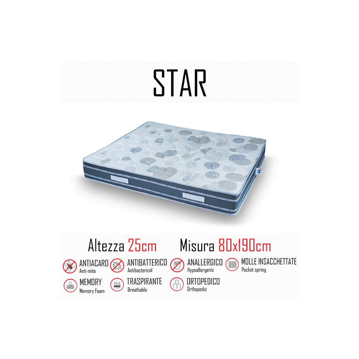 Star-Matratze 80x190 mit unabhängigen Federn und Memory-Funktion, 25 cm hoch