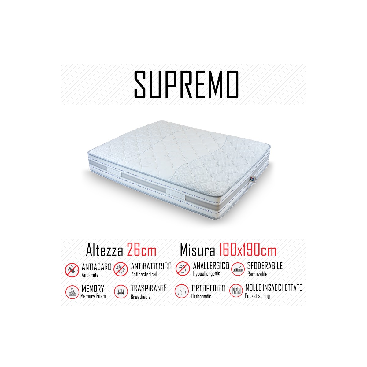 Matelas suprême 160x190 avec ressorts indépendants et mémoire 26cm de hauteur