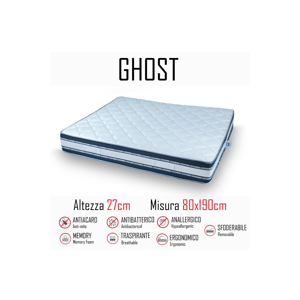 Matelas Ghost Sfod 80x190 en caoutchouc et mémoire 27cm de haut