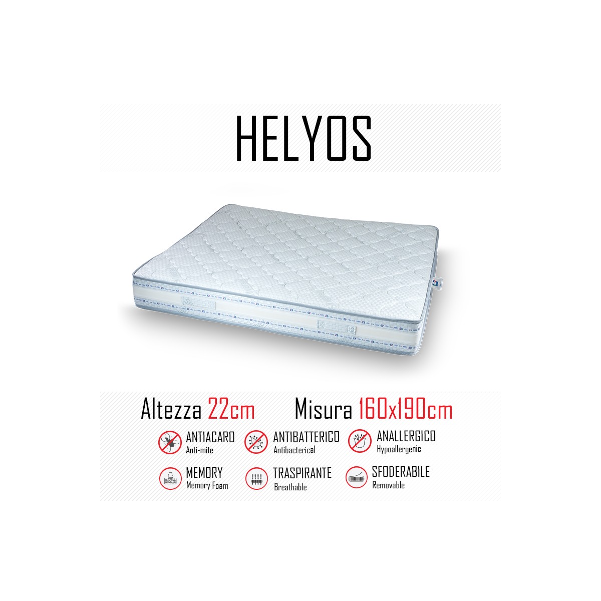 Helyos 160x190 Gummi- und Memory-Matratze, 22 cm hoch