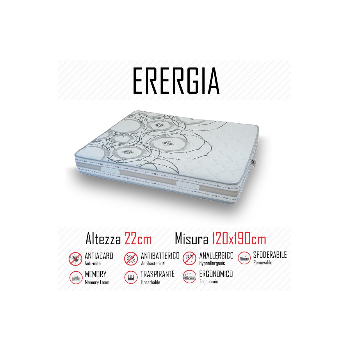 Energia-Matratze 120x190 aus Gummi und Memory 22 cm hoch