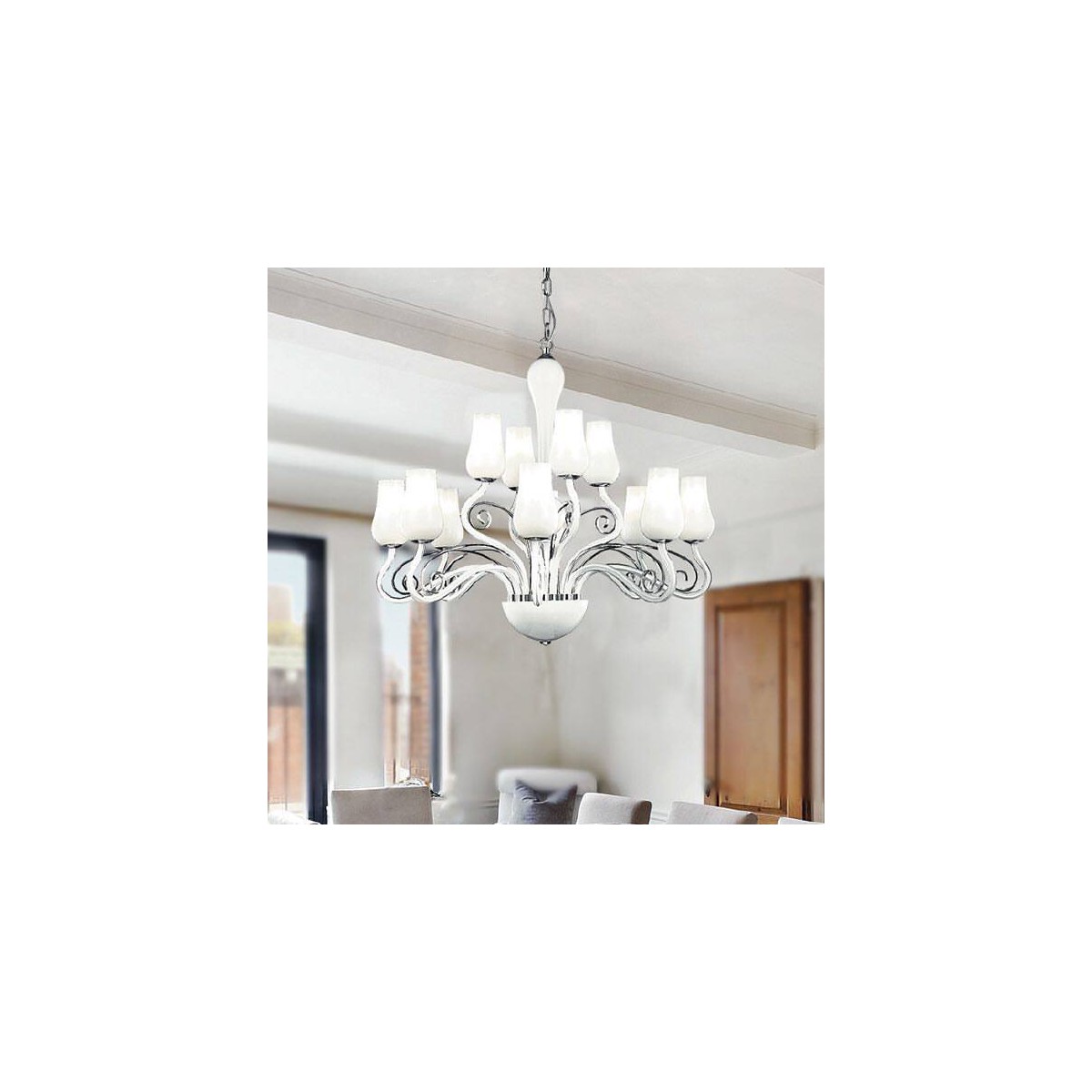 I-ANGEL/12 - Lampadario Vetro Soffiatto Bianco Trasperente Decoro Cromato Classico E14