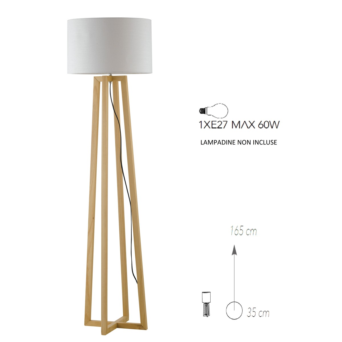 Lampadaire Berry en bois naturel et abat-jour en tissu h.165