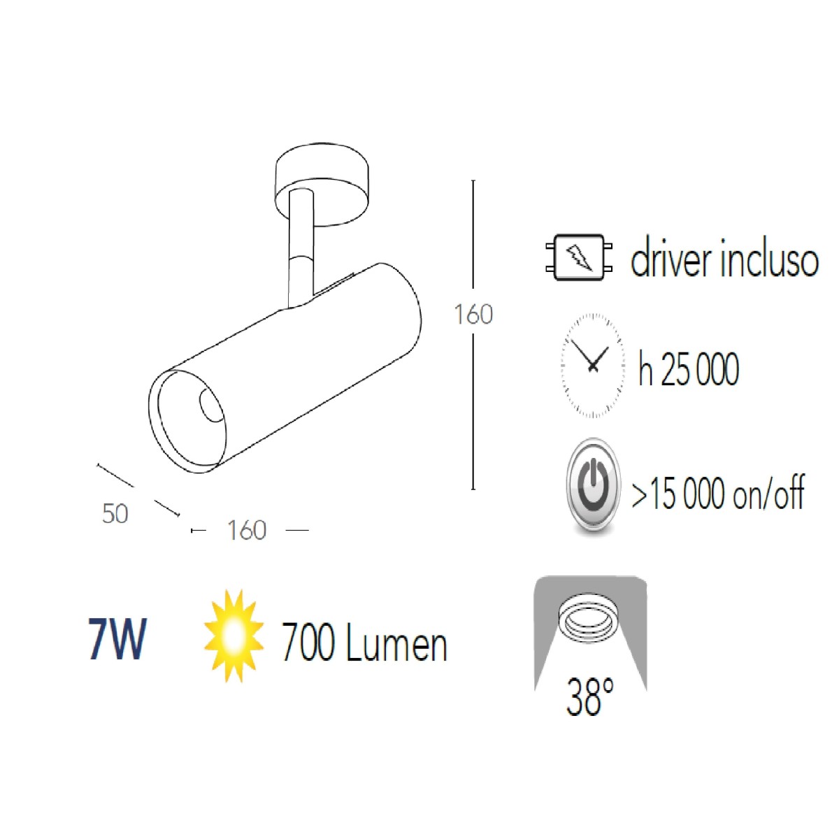 Verstellbarer LED-Deckenstrahler aus weißem Aluminium mit integrierter COB-LED A+, warmes Licht K 7 W