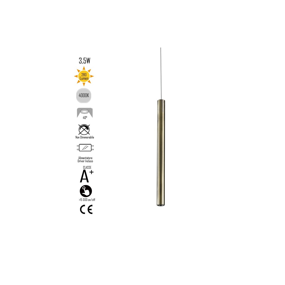 Lampadario da soffitto sospensione OBOE in alluminio tubo bronzo trifase Led Cob 4000K