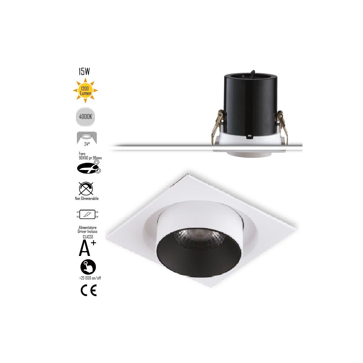 Lampada da incasso orientabile bianco e interno nero LED COB 4000K1x15W