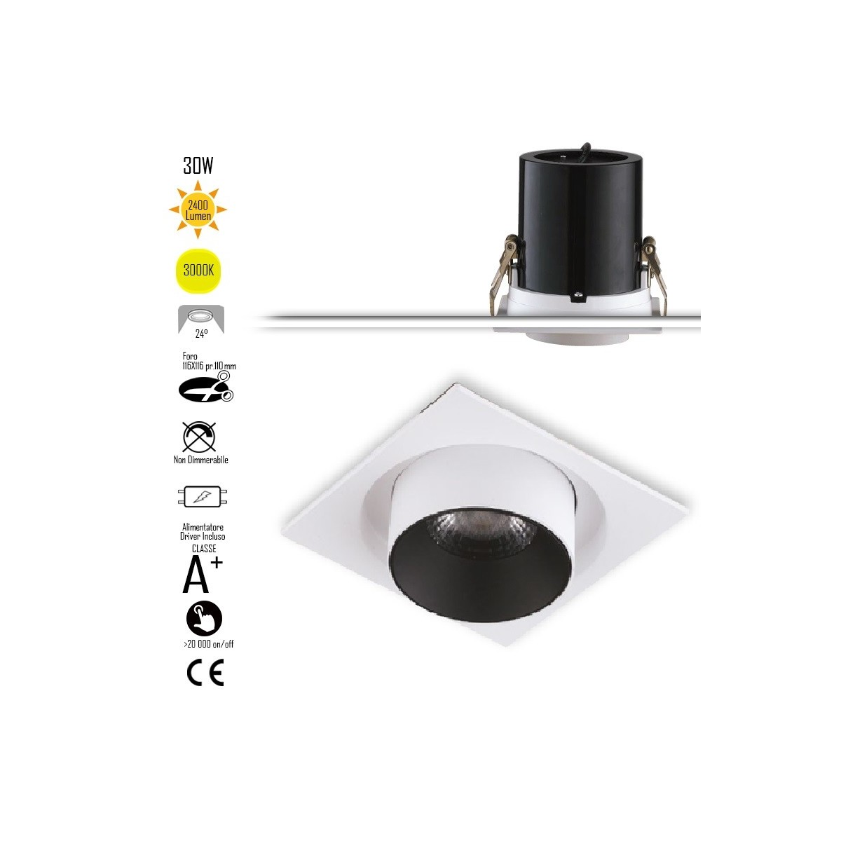 Lampada da incasso orientabile bianco e interno nero LED COB 3000K1x30W