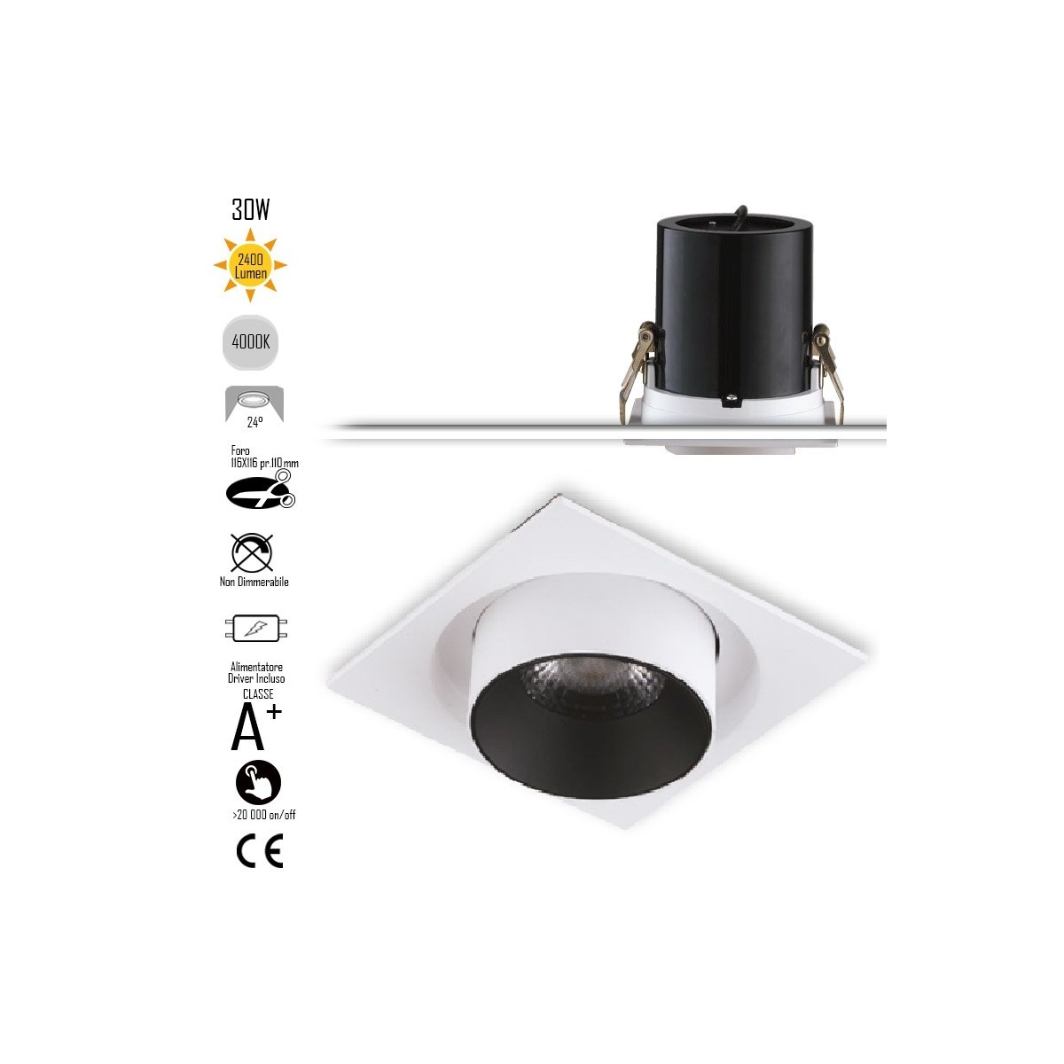 Lampada da incasso orientabile bianco e interno nero LED COB 4000K1x30W