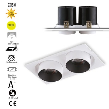 Lampada da incasso orientabile bianco e interno nero LED COB 3000K2x15W