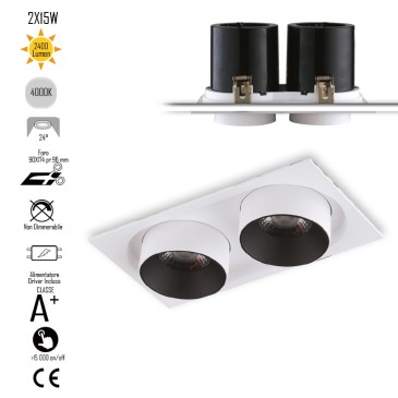 Lampada da incasso orientabile bianco e interno nero LED COB 4000K2x15W